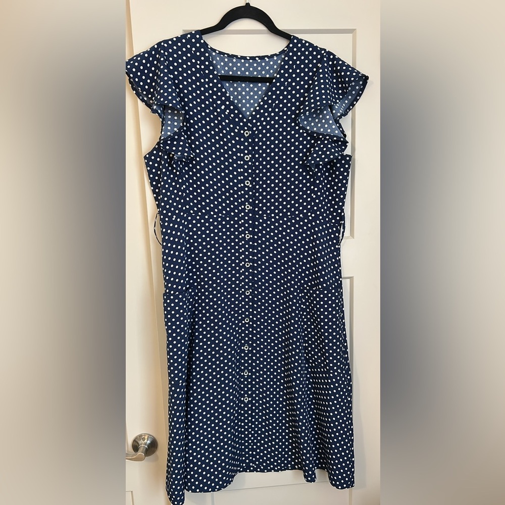 Navy Polka Dot Button-Up Blouse